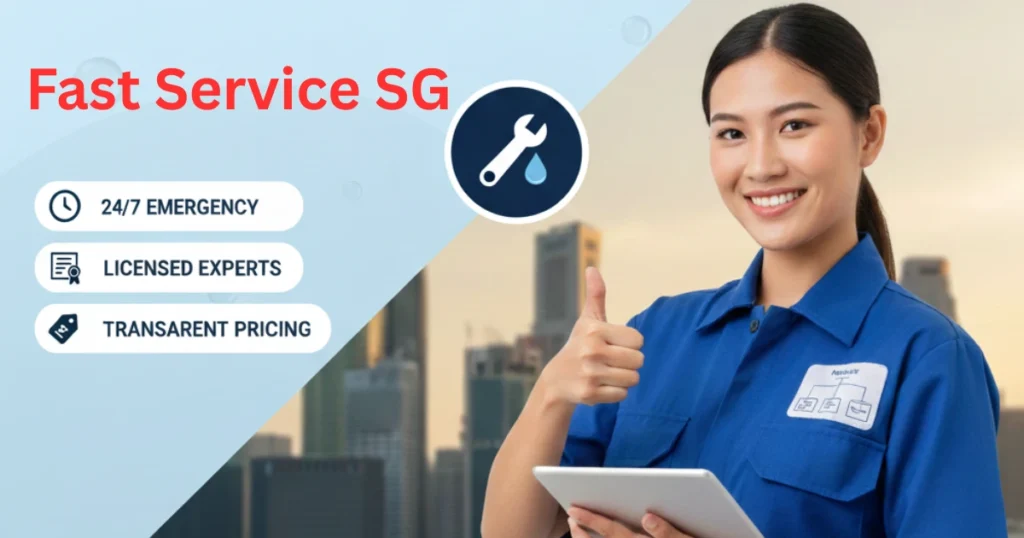 A female in a blue uniform gives a thumbs-up and holds a tablet. "Fast Service SG," highlighting 24/7 emergency care, licensed experts, and transparent pricing on the image.