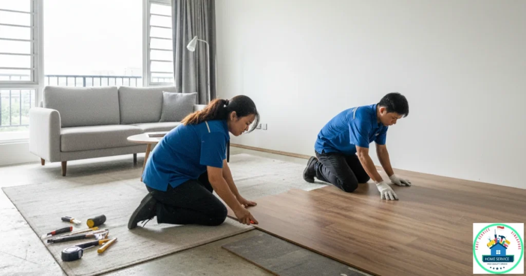 The image shows a professional team from Fast Service SG, including a female and male installers, efficiently laying down modern wood-style vinyl flooring in a Singapore apartment.