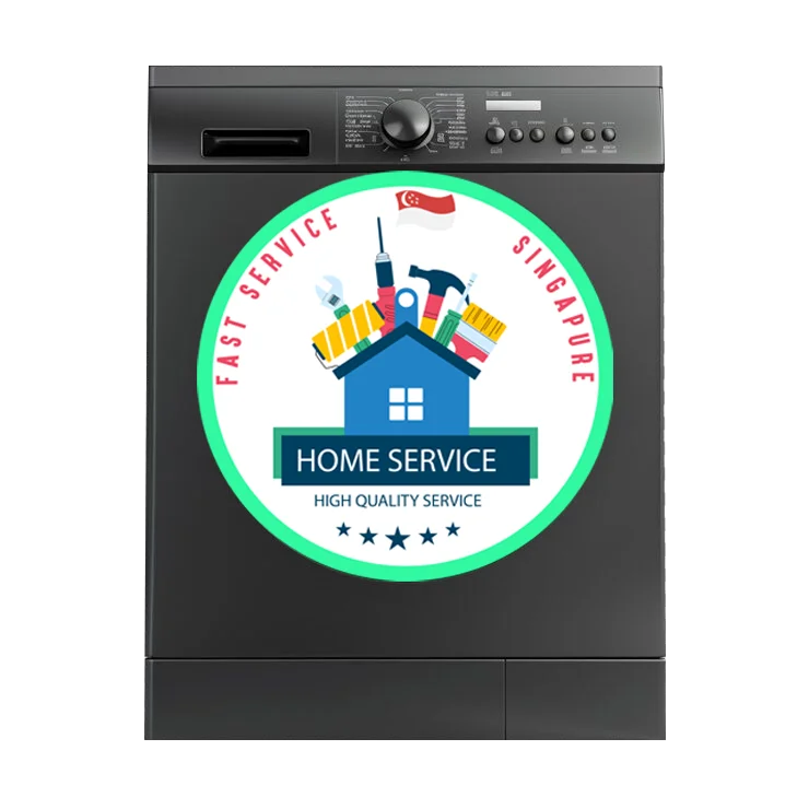 A dark grey washing machine with a circular logo in the center "FAST SERVICE SINGAPORE HOME SERVICE" for repairs, with a small Singapore flag.