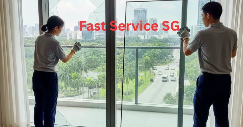 Two technicians in grey uniforms are repairing a large, shattered glass window in a high-rise building. The image includes the red text "Fast Service SG" at the top.