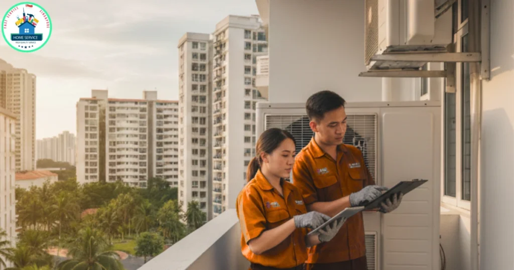 Two technicians from Fast Service SG, in orange uniforms inspect an outdoor air conditioning unit on a high-rise balcony.
