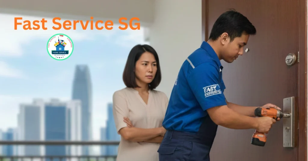 A technician uses a power drill to repair a door handle while a woman watches him. In the top left, the text "Fast Service SG" appears next to a circular logo.