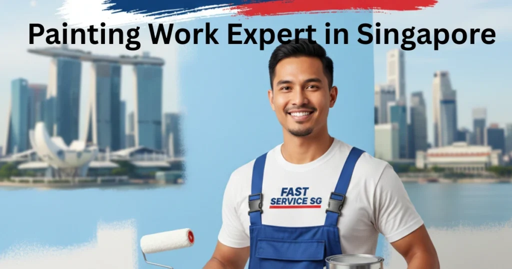 A painter in blue overalls holds a paint roller and a can of paint, in the Singapore skyline, with text that reads "Painting Work Expert in Singapore - Fast Service SG."