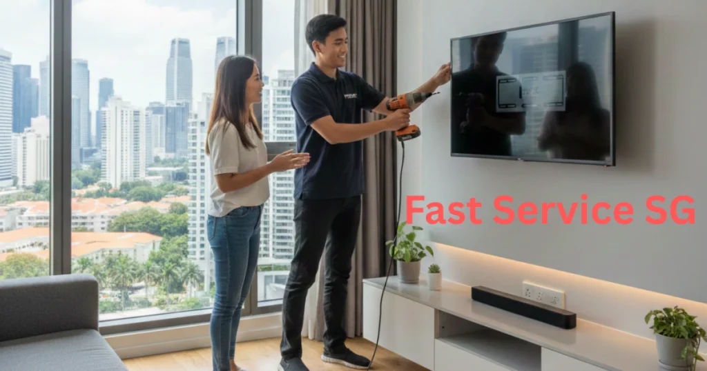 A technician from Fast Service SG is installing a flat-screen TV on a wall in a Singapore apartment with a city skyline view, while a girl looks on.