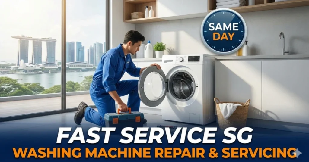 A technician is repairing a washing machine in a Singapore apartment, featuring the "Fast Service SG" logo and a "Same Day" service badge.