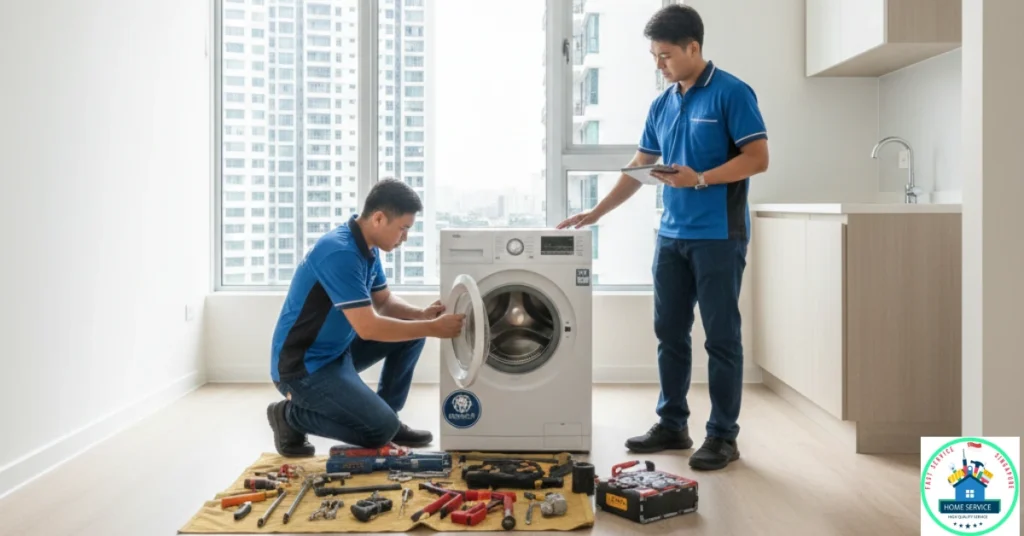 Two technicians from Fast Service SG in blue uniforms are repairing a front-load washing machine inside a Singapore apartment, with tools neatly laid out on a mat.