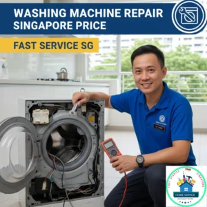 A technician in a blue uniform kneeling next to an open washing machine in a Singapore apartment, with text "Washing Machine Repair Singapore Price" and "Fast Service SG."
