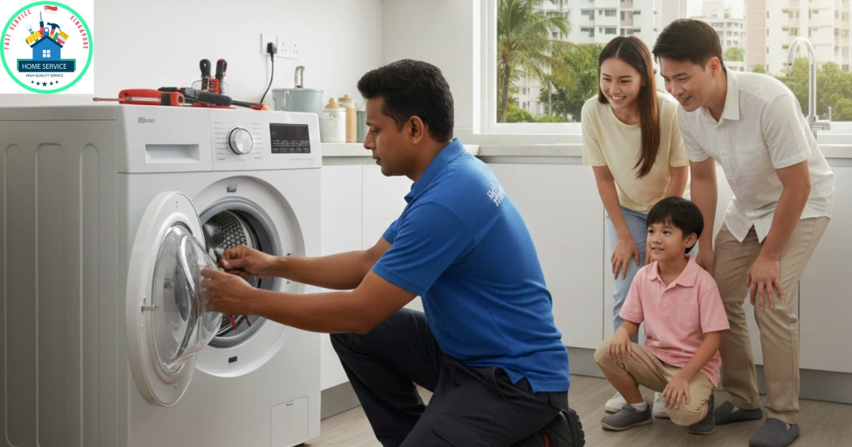 A technician from Fast Service SG in a blue uniform repairs a white front-load washing machine in a bright Singaporean apartment, while a smiling family of three watches.