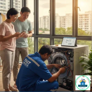 A technician in a blue uniform repairs an open washing machine in an apartment while a young couple looks on, smiling. A logo for "Fast Service Singapore" is in the corner.