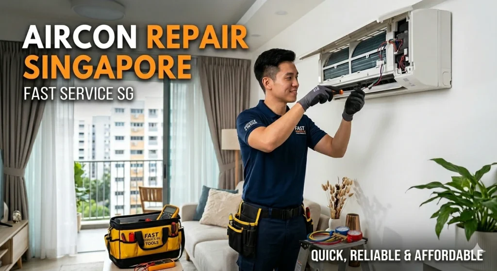 A technician from Fast Service SG repairs an air conditioner in a Singapore apartment.