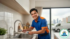 A plumber in a blue and orange uniform holds a wrench and works on a kitchen sink faucet, with a work van and a city skyline visible.