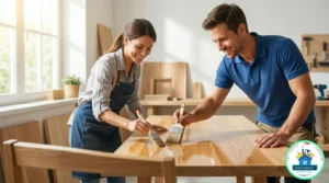 A man and a woman in a workshop varnishing a large wooden dining table with brushes, and a Fast Service SG logo below.