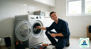 A Fast Service SG repair technician in a blue uniform kneels on a tiled floor, repairing an open front-load washing machine.