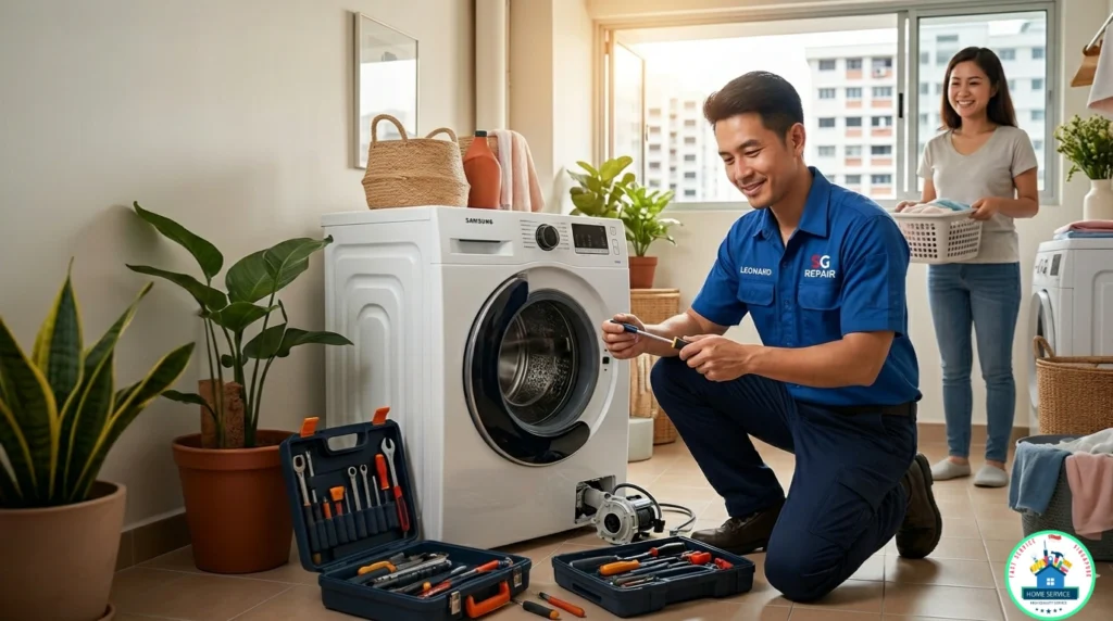 A technician is repairing a white front-load washing machine in a Singaporean home, while a smiling woman holds a laundry basket.