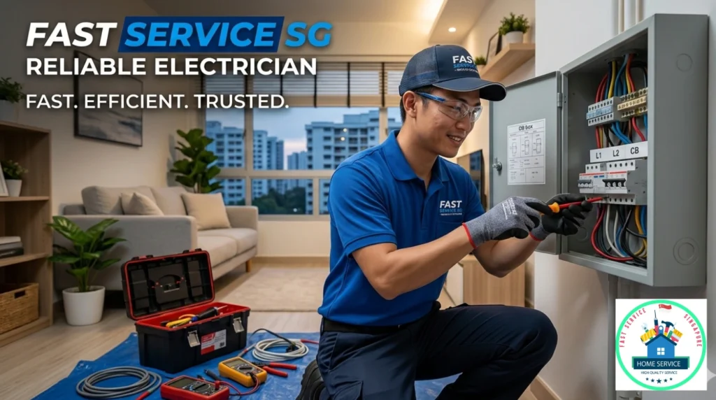 An electrician in a blue uniform is repairing a circuit breaker box inside a Singaporean apartment, featuring the text "Fast Service SG - Reliable Electrician."