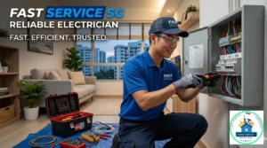 An electrician in a blue uniform is repairing a circuit breaker box inside a Singaporean apartment, featuring the text "Fast Service SG - Reliable Electrician."