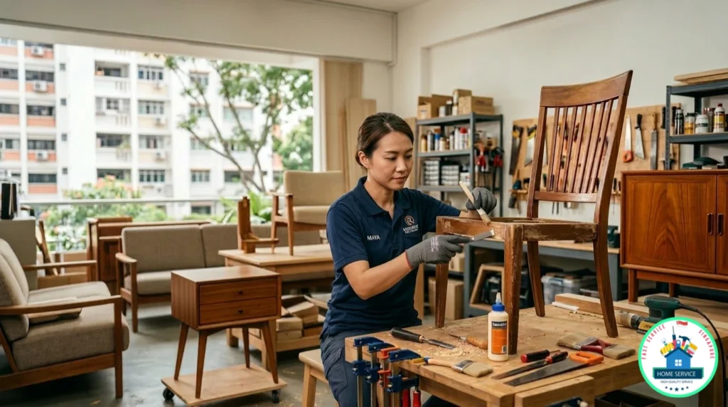 A female is repairing a wooden chair in an organized workshop with Singapore's residential HDB buildings visible through the window.