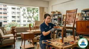 A female is repairing a wooden chair in an organized workshop with Singapore's residential HDB buildings visible through the window.