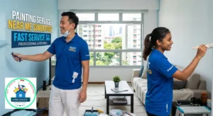 Two painters are refreshing a Singaporean HDB living room with light blue paint. It features the text "Painting Service Near Me Singapore - Fast Service SG" on the wall,