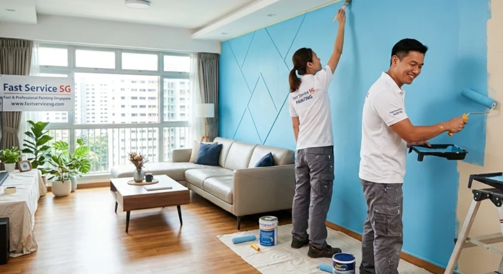 Two painters are painting a Singapore HDB living room wall in light blue, with a "Fast Service SG" banner and HDB blocks visible.