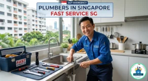 A plumber is repairing a kitchen sink in a Singapore HDB apartment, featuring the text "Plumbers in Singapore - Fast Service SG" and a 24/7 emergency banner.