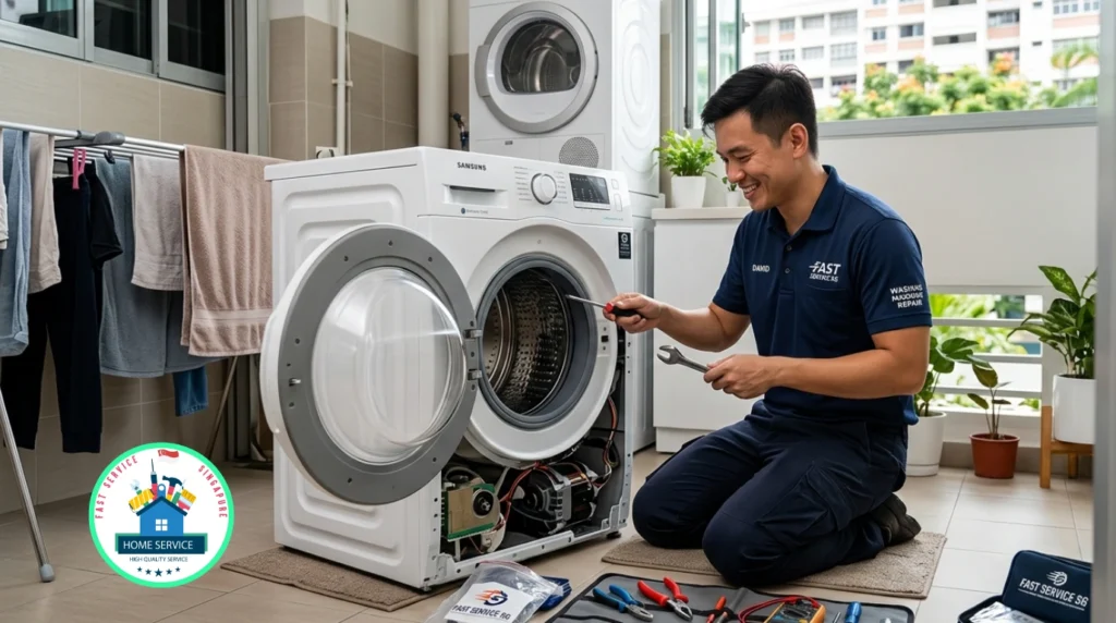 A technician in a blue uniform is repairing an open front-load washing machine in a HDB service yard, with tools laid out on the floor.