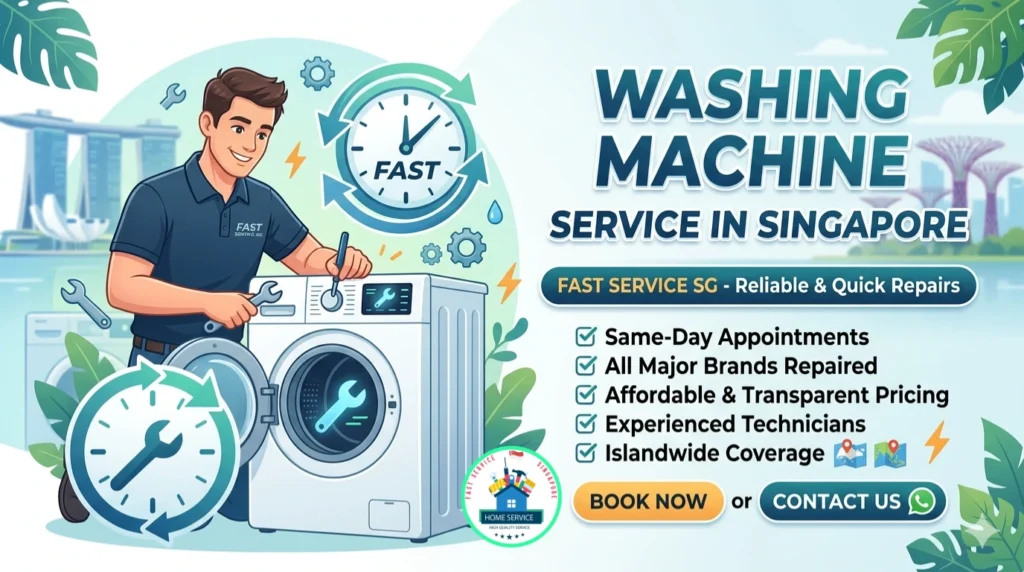 An illustration for "Fast Service SG" featuring a technician repairing a washing machine against a Singapore skyline background.