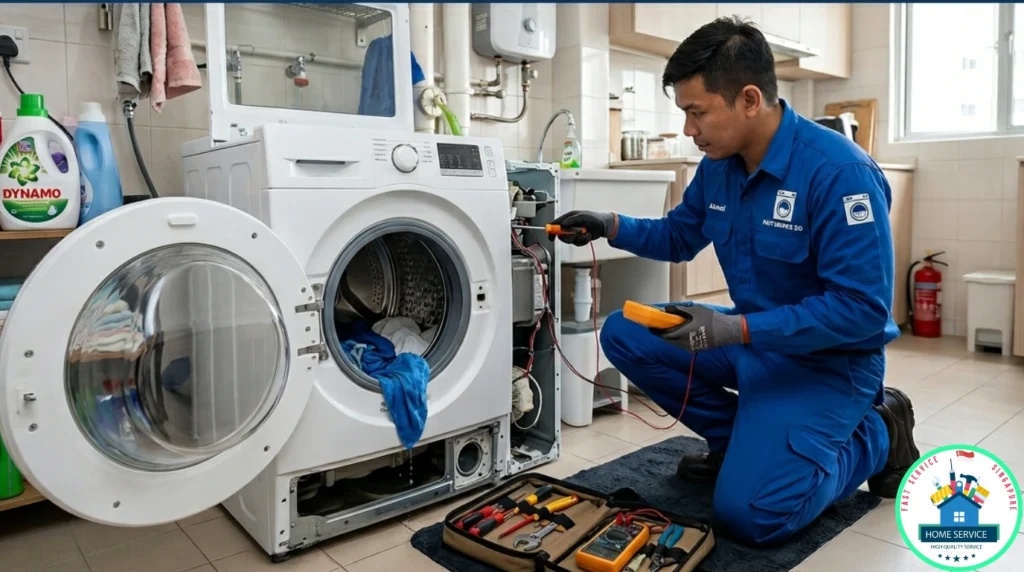 A technician in a blue uniform kneels on a tiled floor to repair a front-loading washing machine in a laundry room.