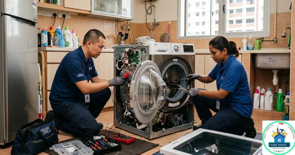 A Fast Service SG image, featuring a male and female technician together repairing a white front-load LG washing machine.