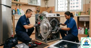 A Fast Service SG image, featuring a male and female technician together repairing a white front-load LG washing machine.