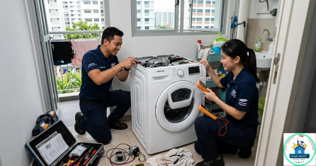 A Fast Service SG image, featuring a male and female technician together repairing a white front-load Samsung washing machine.