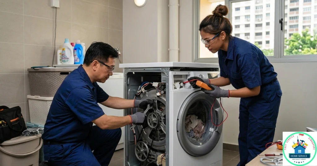 A Fast Service SG image, featuring a male and a female technician, is repairing a washing machine