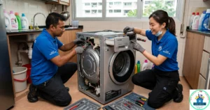 A Fast Service SG image, featuring a male and female technician together repairing a Toshiba washing machine.