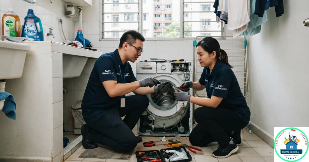 A Fast Service SG image featuring a male and a female technician repairing an open front-load washing machine.