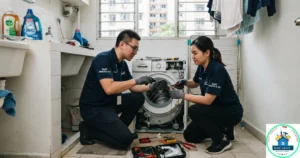 A Fast Service SG image featuring a male and a female technician repairing an open front-load washing machine.