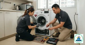 A Fast Service SG image featuring a male and a female technician repairing an open front-load washing machine.