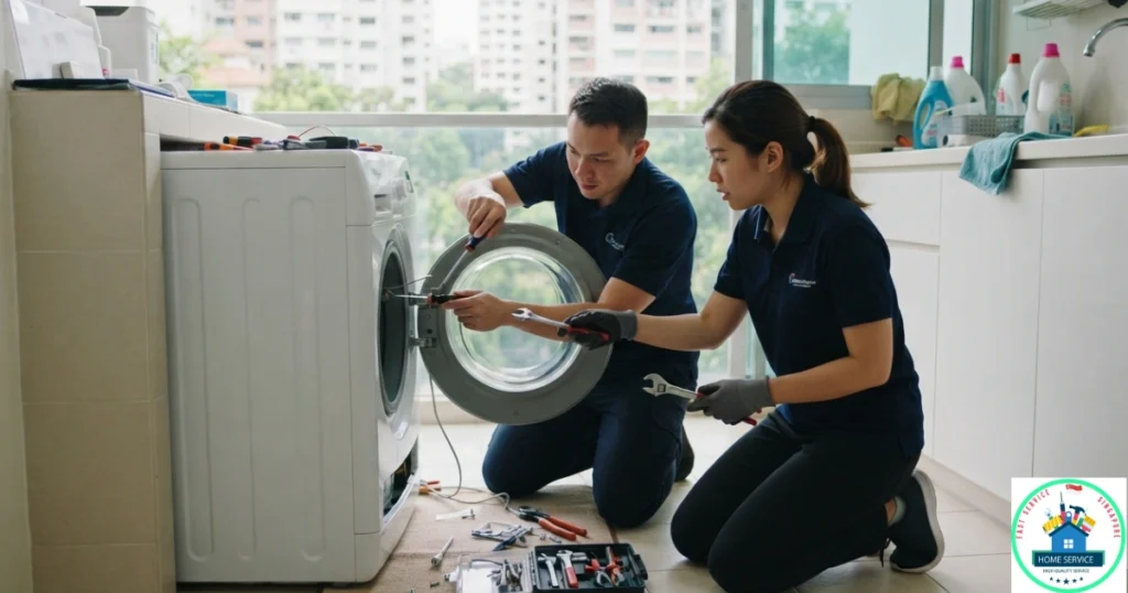 A Fast Service SG image featuring a male and a female technician repairing an open front-load washing machine.