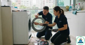 A Fast Service SG image featuring a male and a female technician repairing an open front-load washing machine.