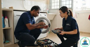 A Fast Service SG image featuring a male and a female technician repairing an open front-load washing machine.