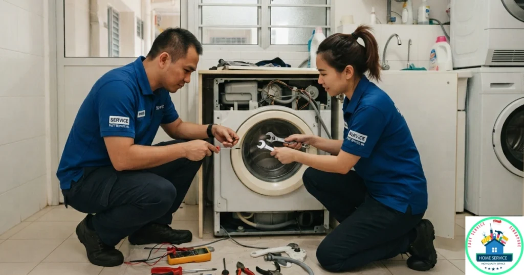 A Fast Service SG image featuring a male and a female technician repairing an open front-load washing machine.