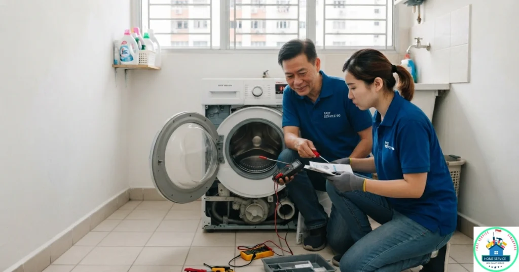 A Fast Service SG image, featuring a male and female technician repairing a white front-load washing machine.