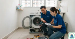 A Fast Service SG image, featuring a male and female technician repairing a white front-load washing machine.